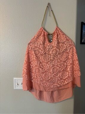 Banabee Coral Pink Lace Tiered Halter Top Gold Chain Rhinestone Keyhole
